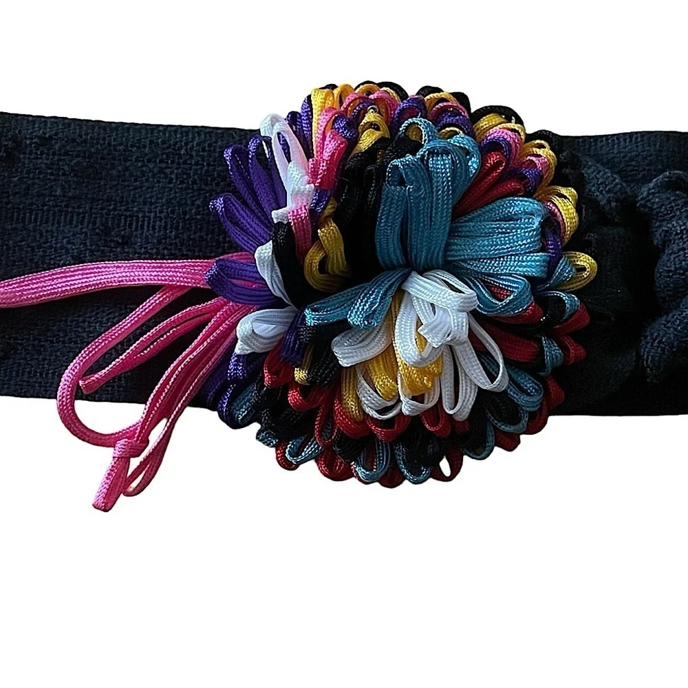 Rebecca's Wide Black Textile Belt D Ring Multicolor Flower Detail Vintage M/L